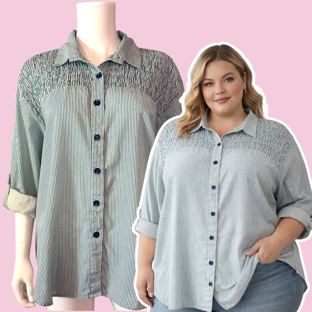 Tapestry Smocked Striped Blouse Green & White Size 2X Roll Tab Sleeve Vintage